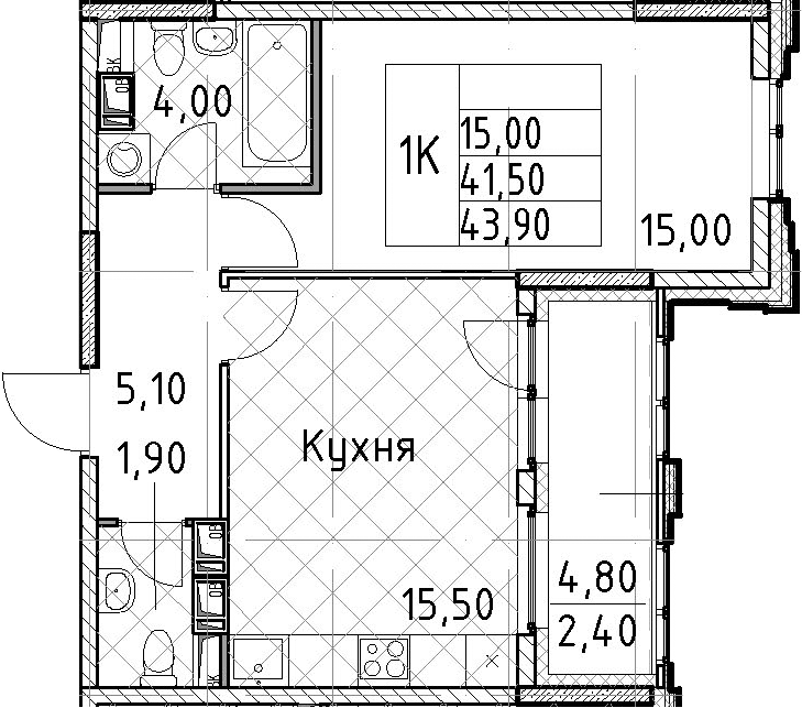 1-комнатная квартира 43.9 м², 12/13 эт., ЖК «Тайм Сквер»